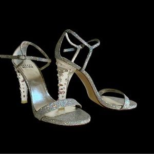 Stuart Weitzman formal heeled sandal, silver glitter, rhinestones, size 8 1/2